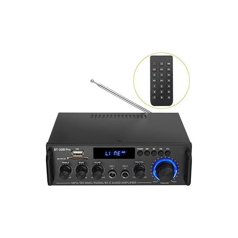 Audio Amplifier with Microphone Reverb Function 2 Channel Audio Amplifier with MP3/USB FM Radio/SD Readers and Remote Control